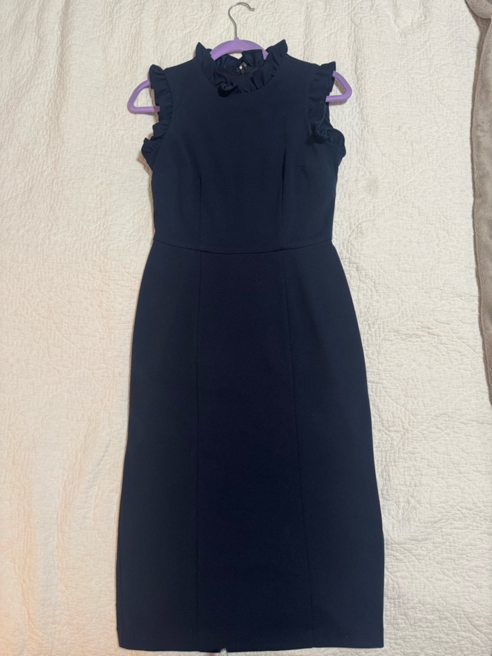 Maggy London Navy Ruffled Mock-Neck Midi Sheath Dress